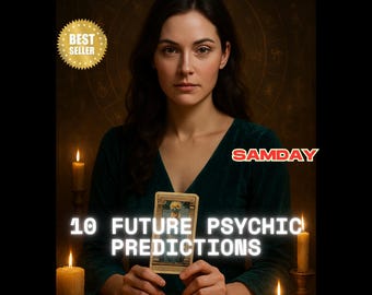 May include: A woman in a dark green velvet top holds a tarot card, with the text "10 FUTURE PSYCHIC PREDICTIONS" below. The image includes lit candles and the word "SAMDAY" in red. A gold "BEST SELLER" seal is in the upper left.