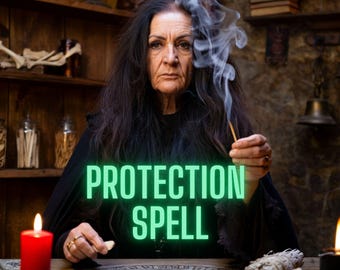 May include: An older woman with long dark hair and a black robe is holding a smoking incense stick. The words "PROTECTION SPELL" are in green neon text. A red candle and other ritual items are on the table.
