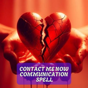 Może przedstawiać: Złamane czerwone serce trzymane w dwóch dłoniach, z krwią kapiącą z pęknięć. Tekst "CONTACT ME NOW COMMUNICATION SPELL" znajduje się na fioletowym banerze.