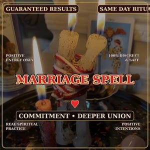 May include: Two off-white candles bound together with red and white string, both lit with visible flames. The text reads MARRIAGE SPELL, GUARANTEED RESULTS, SAME DAY RITUAL, POSITIVE ENERGY ONLY, 100% DISCREET & SAFE, COMMITMENT • DEEPER UNION, REAL SPIRITUAL PRACTICE, POSITIVE INTENTIONS.