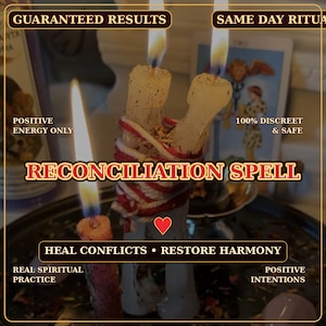 May include: Two off-white candles bound together with red and white twine, each with a lit flame. A third pink candle burns nearby. Text reads: GUARANTEED RESULTS, SAME DAY RITUAL, POSITIVE ENERGY ONLY, 100% DISCREET & SAFE, RECONCILIATION SPELL, HEAL CONFLICTS • RESTORE HARMONY, REAL SPIRITUAL PRACTICE, POSITIVE INTENTIONS.