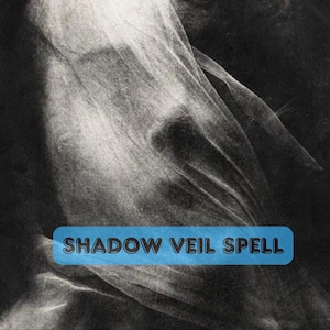 May include: A black and white image of a draped, sheer fabric with a textured effect. The fabric creates shadows and highlights. A blue label at the bottom reads "SHADOW VEIL SPELL".