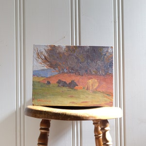 Vintage Impressionist Pastoral Cow Landscape Oil Painting on Board