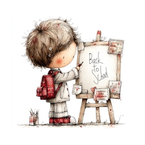 Könnte beinhalten: Illustration eines Kindes mit rotem Rucksack, das "Back to School" auf eine weiße Tafel schreibt. Das Kind trägt einen weißen Mantel und rote Schuhe. Links ist ein Stifthalter.