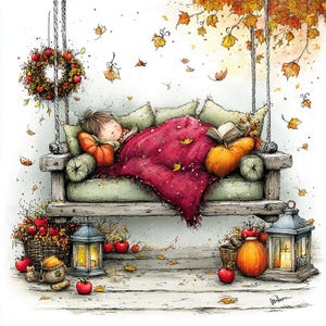 May include: A watercolour illustration of a person sleeping on a wooden porch swing covered by a deep red blanket. The scene features orange pumpkins, a wreath, lanterns with glowing candles, and falling autumn leaves in shades of yellow and orange.
