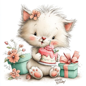 Pode incluir: Ilustração fantasiosa de um gatinho branco fofo segurando um bolo de aniversário rosa com uma vela acesa. O gatinho está rodeado de presentes, flores e as palavras "Happy Birthday". A obra apresenta cores suaves e um tema festivo.