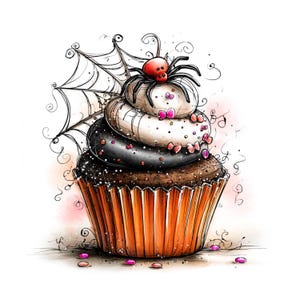 ハロウィンカップケーキのクリップアートPNG、水彩画風カボチャとクモのモンスターカップケーキ、風変わりで不気味なカップケーキバンドル、デジタルダウンロード、商用利用可
