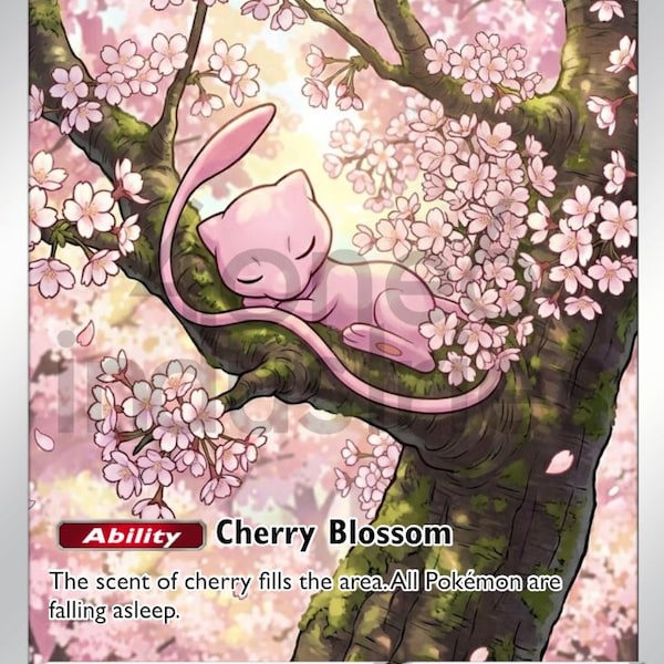 Custom Pokémon Card - Sleeping Mew on Cherry Blossom Tree - Fan Art