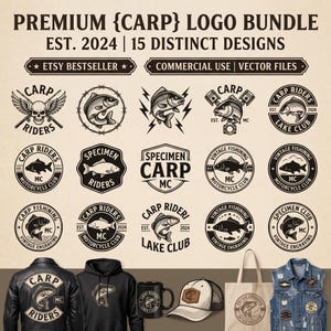 Op de afbeelding: Een digitale collectie van 15 zwart-wit karper-logo ontwerpen met vissen, schedels en motormotieven. De tekst bevat PREMIUM {CARP} LOGO BUNDLE, EST. 2024, 15 DISTINCT DESIGNS, ETSY BESTSELLER en COMMERCIAL USE | VECTOR FILES.