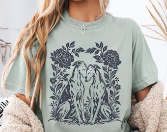 Whippet Greyhound Shirt, Botanical Dog Lover Gift, Floral Folk Art Comfort Colors Cotton Tee