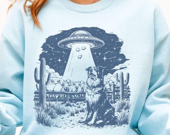 Funny UFO Border Collie Sweatshirt, Dog mom gift, Cowboy Dog Shirt, Working Farm Dog Gift, Country Life Crewneck, Gift for Dog Lovers