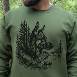 German Shepherd Sweatshirt – Dog Mom or Dad Gift, GSD gift for outdoor lovers, Hiking & Camping Crewneck, Dog Lover Gift, Forest dog shirt