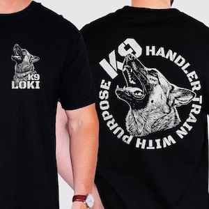 Camiseta personalizada para adiestrador K9, regalo de pastor alemán Malinois para él o ella, camiseta personalizada con nombre de perro para entrenadores de perros policía y dueños de perros de trabajo.