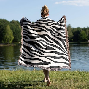 Zebra Print Woven Throw Blanket, Housewarming Gift, Gift for her, Cotton Tapestry Throw, Animal Print Home Decor, Boho Living Room Blanket