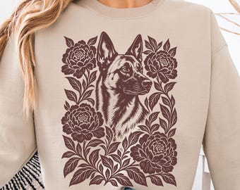 Malinois Mom Sweatshirt, Peony Dog Sweatshirt, Botanical Belgian Malinois Gift, Dog Mom Crewneck, Gift for Malinois Lover