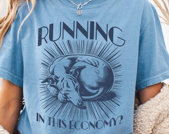 May include: A light blue t-shirt with the text "RUNNING IN THIS ECONOMY?" above and below a dark blue illustration of a sleeping dog surrounded by radiating lines. The shirt has short sleeves.