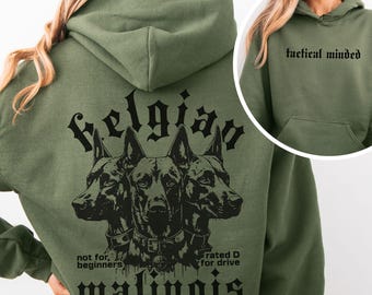 Moletom com capuz K9 Tactical Belgian Malinois, moletom pesado com estampa gráfica para cães, roupa personalizada para cães de trabalho, ideal para donos ou treinadores de Malinois.