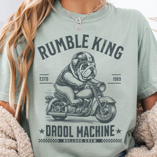 Biker Bulldog-T-shirt, comfortkleuren Rumble King Dog-shirt met print