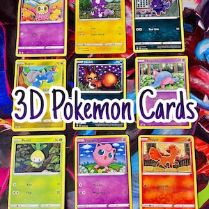 May include: Nine colorful 3D Pokemon trading cards are displayed, featuring various characters like Cutiefly, Toxel, and Jigglypuff. The cards have unique designs and text, with the words "3D Pokemon Cards" overlaid on the image.