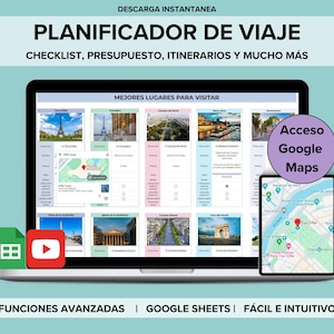 Modèle de feuilles de calcul Google de planificateur de voyage, planificateur d'itinéraire de voyage, feuille de calcul de budget de voyage, cartes, liste de colisage, liste de contrôle - espagnol