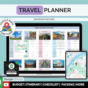 Reiseplaner Google Sheets Vorlage, Planer für Reiseverlauf, Reisebudget Tabelle, Google Maps, Packliste, Checkliste