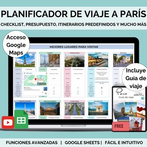 Plantilla planificador viajes París, planificador itinerarios viaje, hojas cálculo Google, presupuesto, mapas, lista equipaje y verificación