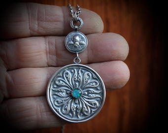 Garden Mandala.....….. sterling silver, Ethiopian Opal doublet, floral, botanic mandala and bee pendant.