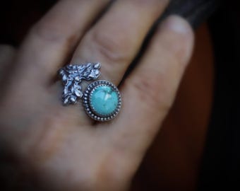 Tree Hugger,... US size 8 sterling silver, American turquoise, oak leaf, acorn, gap ring.
