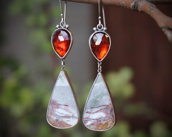 High Country Scene .... sterling silver, hessonite garnet, fossilized wood, two sided, scenic landscape, natural stone earrings