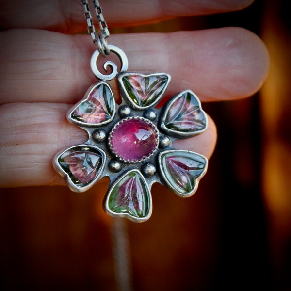 It's a Beautiful Day.......sterling silver, pink ruby, watermelon tourmaline flower pendant