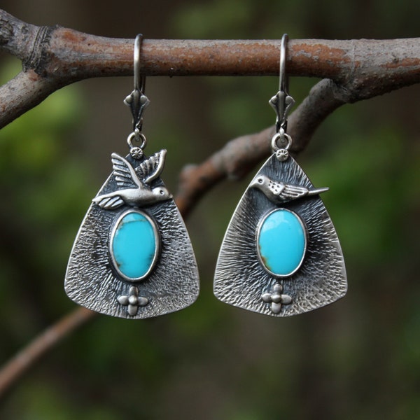 Nesting Season..sterling silver, turquoise, bird and bloom,  spring earrings