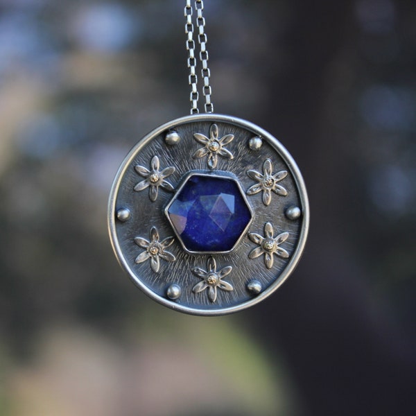 Flower Mandala.....….. sterling silver, 14k gold. lapis doublet, floral, botanic mandala pendant