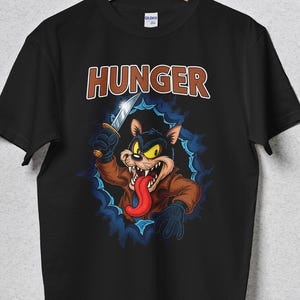 空腹ウルフTシャツ、面白いレトロ漫画Tシャツ、ヴィンテージアニメーションスタイル、恐ろしい空腹グラフィックシャツ、グルメへのギフト