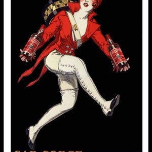Puede incluir: Un anuncio vintage de Cap Corse Quinquina, un licor a base de vino tinto. El anuncio presenta a una mujer con un traje rojo y blanco, sosteniendo dos botellas del licor. El texto "CAP CORSE QUINQUINA L.N. MATTEI" se muestra en la parte inferior del anuncio.