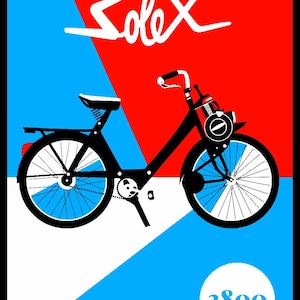May include: A black and white illustration of a Solex 3800 moped bicycle with a red and blue background.