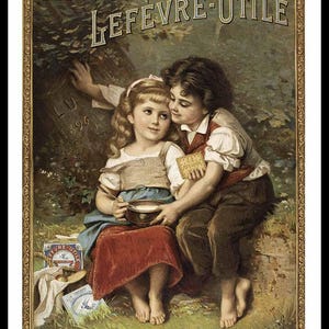 Peut inclure: Ancienne publicité pour les biscuits Lefevre-Utile mettant en scène deux enfants, un garçon et une fille, assis sur un rocher dans un cadre forestier. Le garçon tient un biscuit et la fille tient un bol de lait. Le texte "Biscuits Lefevre-Utile" est affiché en haut de la publicité.