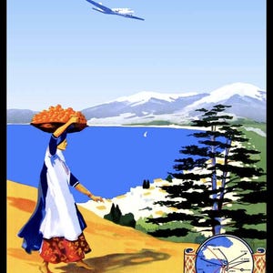 Peut inclure: Une affiche de voyage vintage pour Air Liban, représentant une femme portant un panier de fruits, une chaîne de montagnes enneigées, une étendue d'eau bleue et un cèdre vert. L'affiche comprend également une carte des destinations de la compagnie aérienne, notamment Beyrouth, Damas, Bagdad, Istanbul, le golfe Persique, Le Caire, Djeddah, Alep et Jérusalem.