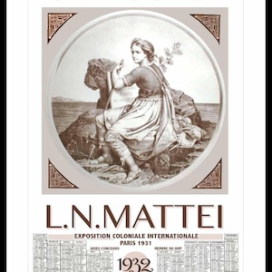 Puede incluir: Un cartel vintage que anuncia una pintura titulada "Cap Corse" de L.N. Mattei. El cartel presenta a una mujer con un vestido largo sentada en una roca, con un paisaje de fondo. El cartel también incluye el texto "Exposition Coloniale Internationale Paris 1931" y "1932".