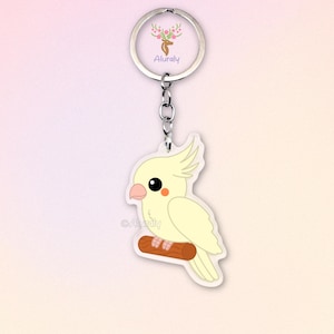Lutino Nymphensittich Acryl Schlüsselanhänger, Süßer Cartoon Vogel Anhänger, Geschenk für Tierliebhaber, Papagei Zubehör, Gedenkgeschenk