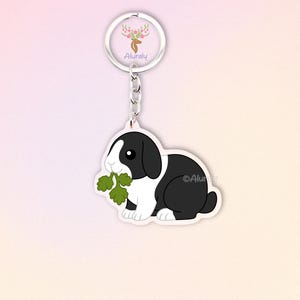 Broken Black Holland Lop Rabbit Acrylic Keychain, Cute Cartoon Bunny Charm, Pet Lover Gift, Small Animal Accessories, Pet Memorial