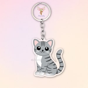 Graue getigerte Katze Acryl Schlüsselanhänger, Niedlicher Cartoon Katzen Anhänger, Geschenk für Tierliebhaber und Katzen-Fans