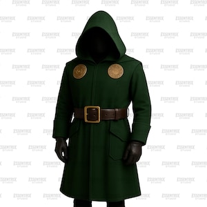 Płaszcz z kapturem Doom's Wool z paskiem | Płaszcz cosplay ze złotą naszywką od Essentrix | Niestandardowe inicjały imion