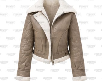 Women's Taupe Leather Shearling Jacket | Faux Fur Lined Biker Moto Coat | Warm Winter Aviator Outerwear By Essentrix | Custom Name Initials