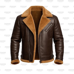 May include: A brown leather jacket with a shearling collar and lining. The jacket features a zip closure, side pockets, and a buckled waist. The sleeves and collar have a tan shearling trim. The jacket is a classic style.