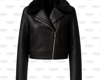 May include: Black leather jacket with a faux fur collar. The jacket features a diagonal zipper closure, a notched lapel, and long sleeves. The jacket is a classic biker style, suitable for various occasions.