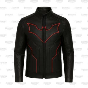 Veste en cuir Batman Beyond pour homme | Veste de costume cosplay super-héros noire avec logo chauve-souris rouge par Essentrix | Initiales de nom personnalisées