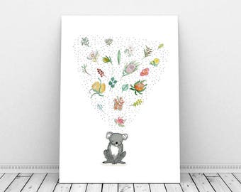 Koala Dream - Giclee Print of a mixture of watercolour Australian flowers and koala, sized A4 or A3