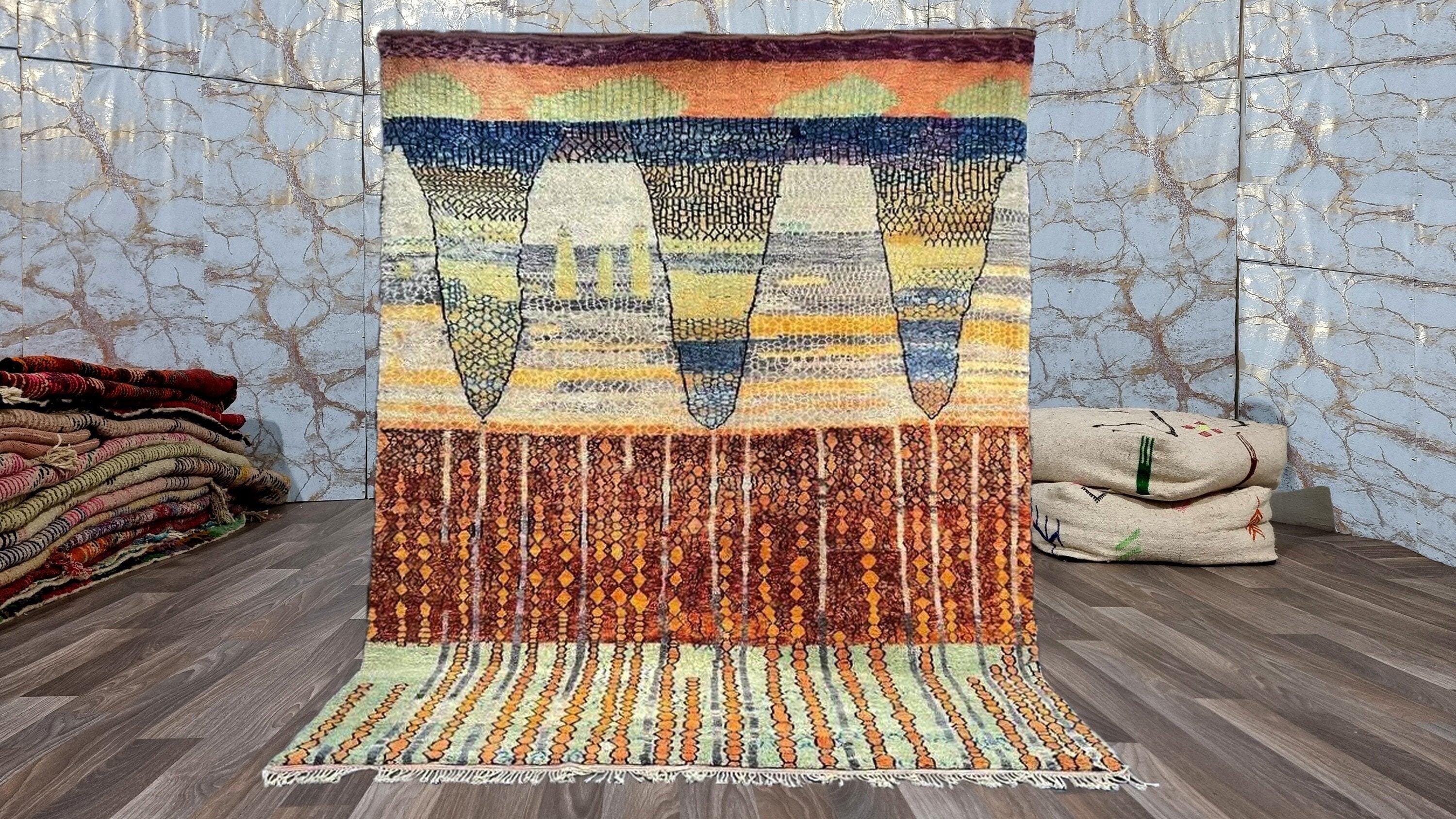 Gorgeous Mrirt Moroccan rug, Beni ourain Moroccan floor rug, Tribal Berber Boho rug, Artistic Handmade Colorful rug, cinnamon green rug