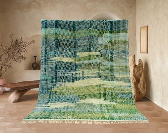 Moroccan Area rug, Wool Mrirt rug, Beni Ourain rug, Handmade carpet, Home decor, Boho wall rug, geometric rug, living room, Green Blue Beige