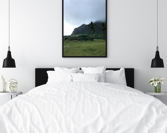 Hawaii Wall Art Print, Tropical Mountain Landscape Photography, Palm Tree Nature Poster, Coastal Travel Decor, Misty Island Artwork.